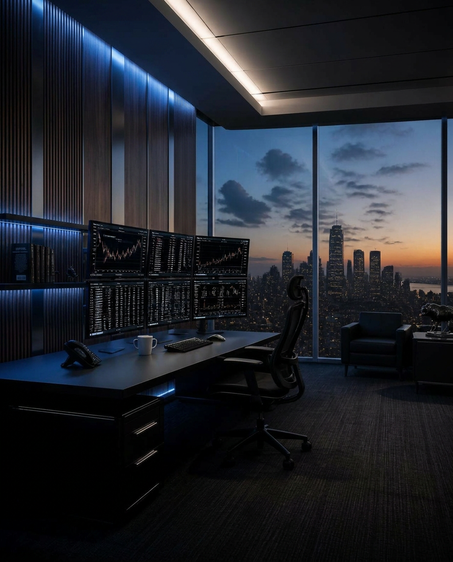 Institutional trading office at dusk